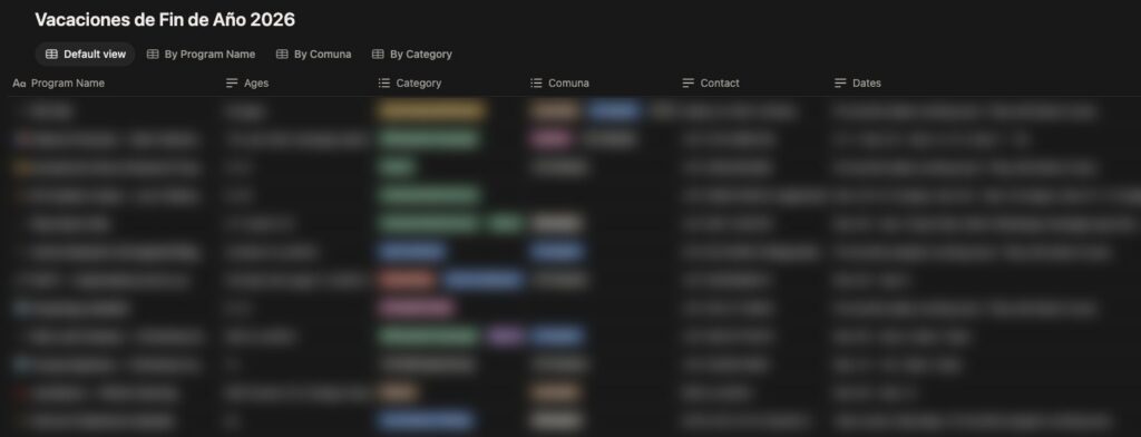 Blurred preview of the December camps in Medellín list, with columns for program, ages, category, comuna, contact and dates